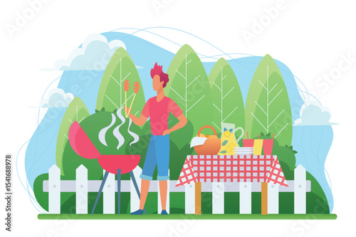 BBQ in the courtyard flat vector illustration. Barbecue on backyard. Grill party. Roasting steak outside. Barbeque in residential neighborhood. Serving picnic. Male cook cartoon characters