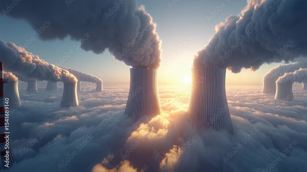 Smokestacks billowing smoke over a dense layer of clouds, with the sun rising in the background. A stark portrayal of industry versus environment.