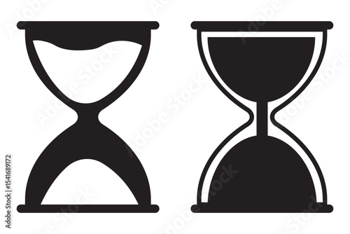 Hourglass icon set. Sand watch and sandglass, timer and watch symbol. Minimalist hourglass icon symbolizing time management. Simple design vector icon with black and white background.