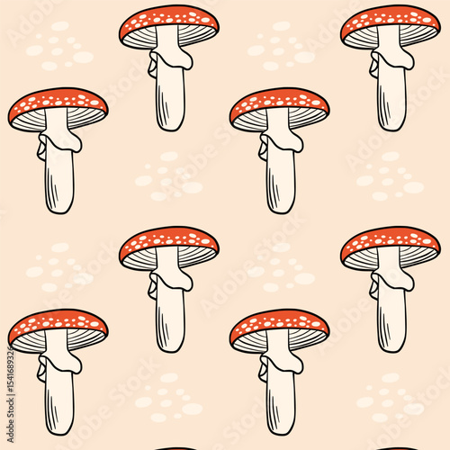 Seamless pattern with red toadstool mushrooms on a soft beige background. Perfect for autumn designs, woodland themes, fabric, wrapping paper or kids decor