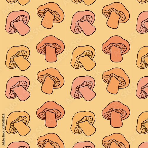 Seamless pattern with colorful mushrooms.  Perfect for fabric, wallpaper, wrapping paper, packaging, children’s design, and nature-inspired print