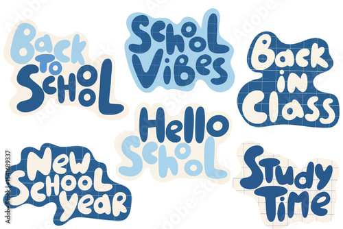 Set of back-to-school themed lettering stickers in flat style. Fun and playful typography design for students, teachers, classroom decor, notebooks, planners and educational projects.