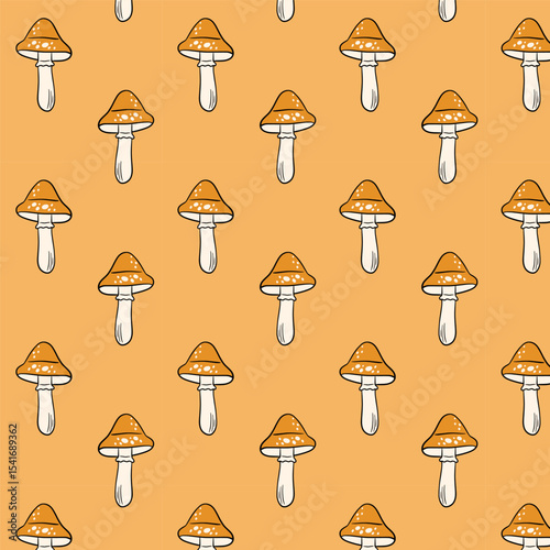 Seamless pattern with yellow toadstool mushrooms on a beige background. Perfect for autumn designs, woodland themes, fabric, wrapping paper or kids decor