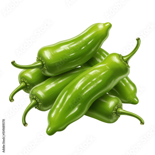 Pile of glossy green anaheim peppers with curving stems and subtle shadows