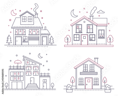 Vector thin line icon suburban american houses. Classic architecture civil building illustrations for infographic, web design and application interfaces