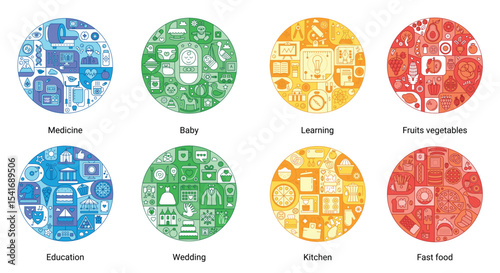 Round color flat line concept of baby, wedding, education, fast food, medicine, kitchen, fruits vegetables, learning. Vintage stroke vector icons set for cover, emblem, badge, flyers, posters