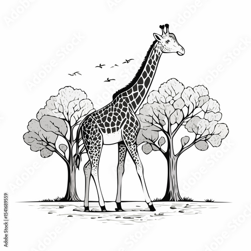 Giraffe among Trees Image Vector isolated on white background.