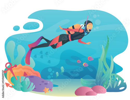 Professional Scuba Diver man dives in the ocean. Underwater swiming. Summer vacation concept of sport active holidays