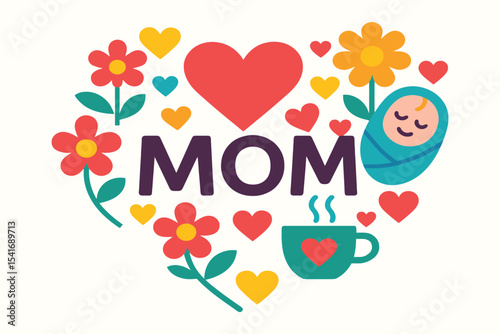 Mothers day heart design with baby and flowers