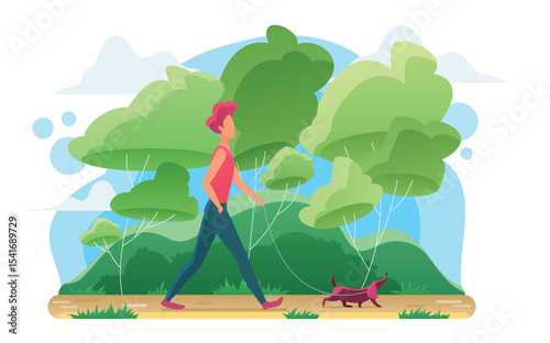 Young man walking dog flat vector illustration. Guy with dachshund on leash cartoon character. Pet lover routine, fresh air leisure. Domestic animal owner on outdoor stroll in park with doggy