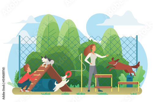 Dog playground flat vector illustration. People with dogs cartoon characters. Man and woman playing with pets in park. Domestic animals training. Outdoors activity, tricks, equipment