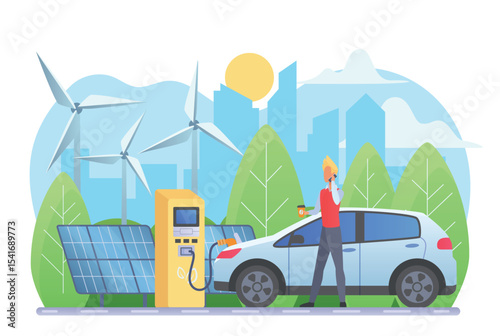 Alternative energy sources flat vector illustration. Man at electric car charging station cartoon character. Eco friendly technology, environment preservation concept. Wind turbines and solar panels