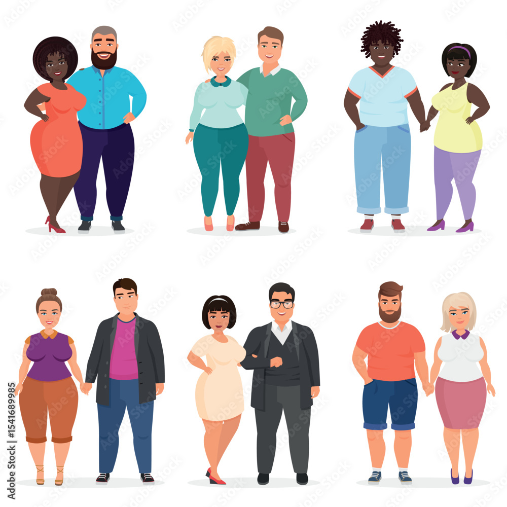 Obraz premium Vector Cartoon happy and smiling plus size people couples. Man and woman. Curvy, overweight fat people in casual dress clothes