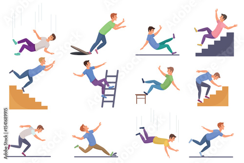 Set of falling man isolated. Falling from chair accident, falling down stairs, slipping, stumbling falling man vector illustration
