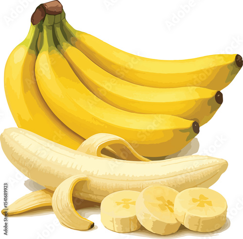 Vibrant Vector Art Depicting a Bunch of Ripe Yellow Bananas with Sliced Pieces and a Partially Peeled Banana on Display