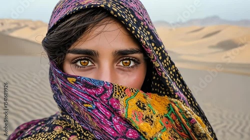A mysterious woman in a desert covering part of her face with a colorful scarf.