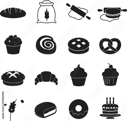 Bakery Delights Collection A Variety of Sweet and Savory Treats From Bread to Cakes and Croissants in Black and White