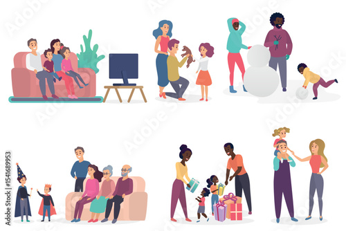 Family members spending time together. Parents and children watching TV, talking, playing, birthday celebrating. Flat vector illustration