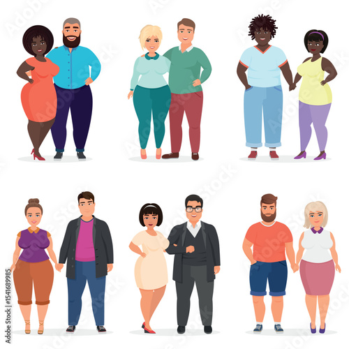 Vector Cartoon happy and smiling plus size people couples. Man and woman. Curvy, overweight fat people in casual dress clothes