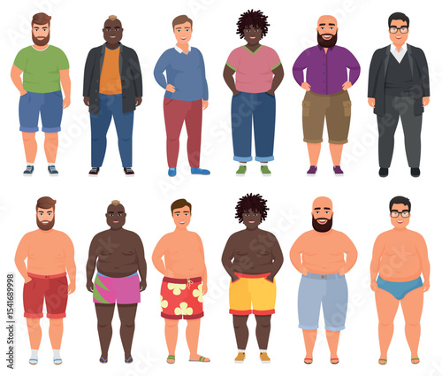 Fat man in casual and summer underwear clothes set. Plus size male people