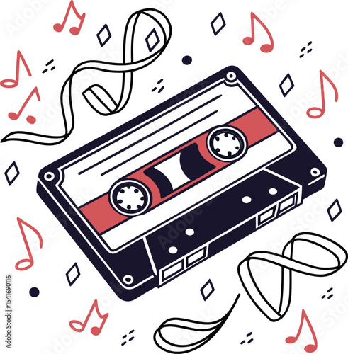 Retro Cassette Tape Design with Music Notes and Confetti Perfect for Branding and Logo Projects