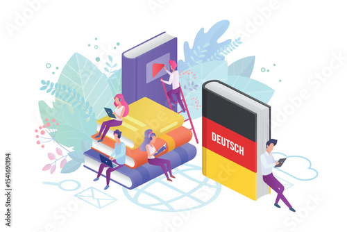 Online language courses flat vector illustration. German language Internet class, e learning isolated clipart on white background. Distance education, germany remote school, university lessons