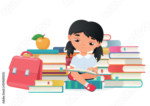 Cute little girl reading a books isolated on white background