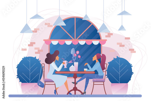 Girls in cafe flat vector illustration. Female friends in restaurant cartoon characters. Women drinking coffee and talking. People chatting in cafeteria. Ladies in coffeehouse. Bistro interior