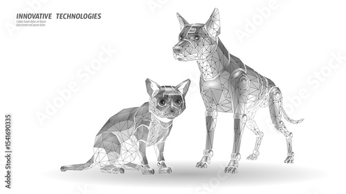 Robotic dog cat low poly design. Polygonal pets futuristic animal cybernetic illustration. Artificial intelligence robotics science engineering veterinary uses. Wireframe style vector white background