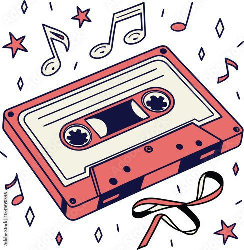 Retro Cassette Tape Design with Music Notes and Stars a perfect graphic for branding projects and logo creation