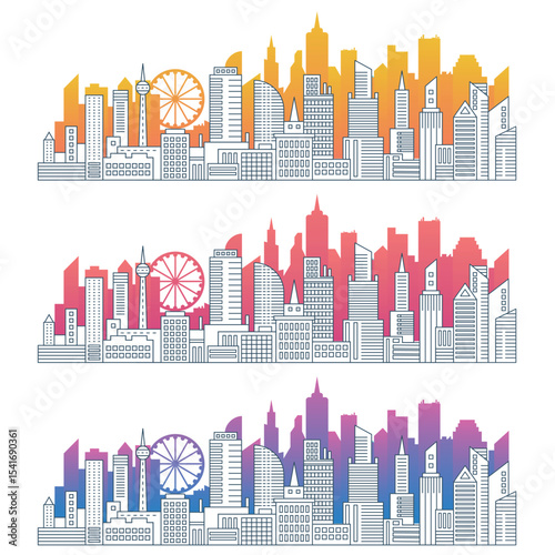 Modern cityscape outline vector illustrations set. City center, downtown apartment buildings and skyscrapers linear isolated cliparts pack. City skyline color gradient silhouettes collection