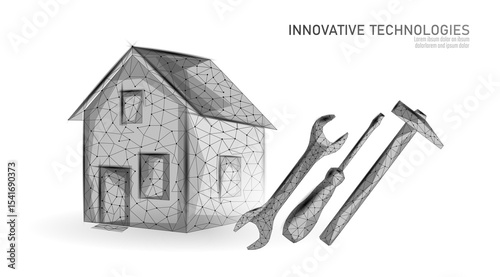 Home repair tools structure concept. Low poly house construction renovation building art. Architecture construction realty maintenance. Gray polygonal style white background vector