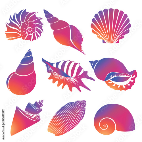 Vector fresh modern gradient sea shells and pearl seashell silhouettes isolated on white background