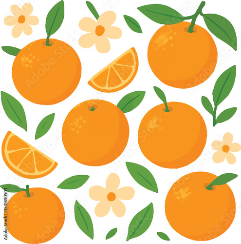 Cheerful Orange Citrus Pattern with Flowers and Green Leaves, a Vibrant and Fresh Design for Summer and Spring