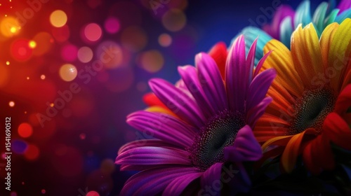 Vibrant colorful flowers close-up with bokeh background. Use greeting card, poster