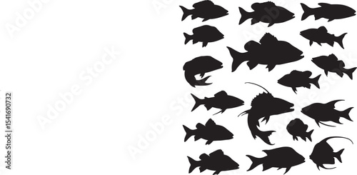 An Array of Black Fish Silhouettes on a White Background Showcasing Diverse Aquatic Life Forms and Simple Graphic Design