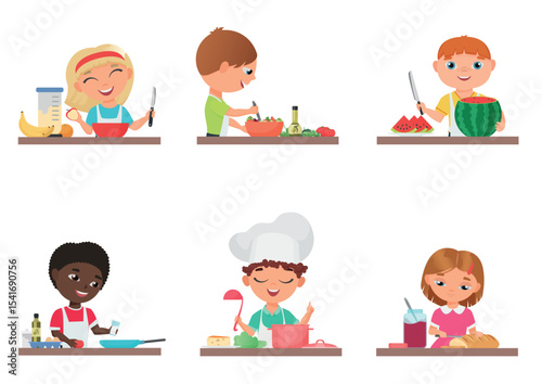 Cute cartoon kids preparing food on the kitchen set isolated vector illustration