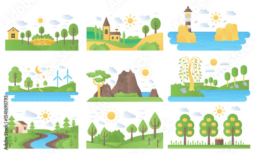 Vector mini landscapes icons set. Ecology nature and travel. Lake and river, sea and sun, mountain and lighthouse, summer forest park tree. Flat illustration collection for labels, logo or emblems
