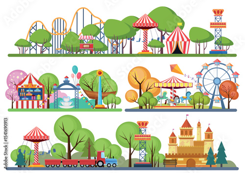Amusement park horisontal banners. Volumetric color vector illistration