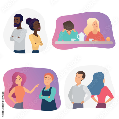 People couples during conflict quarrel or disagreement. Set of offended men and women quarreling, bickering each other cartoon vector illustration