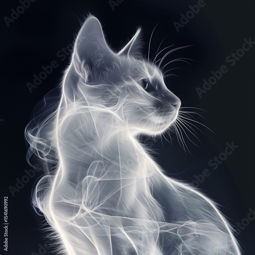 Ethereal cat silhouette emitting smoke-like wisps on dark background  