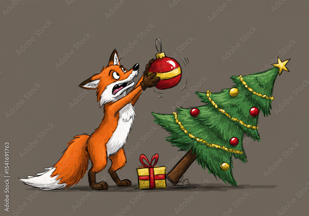 Naklejka premium Fox trying to hang ornament on Christmas tree with gifts