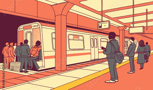 Illustration of busy subway, metro, underground, train station with people waiting, standing in line on platform and boarding car    