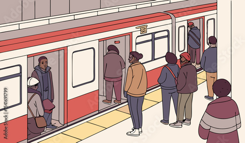 Illustration of busy subway, metro, underground, train station with people waiting, standing in line on platform and boarding car    