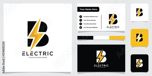 Flash B Letter Logo, Electrical Bolt Logo Vector with business card design