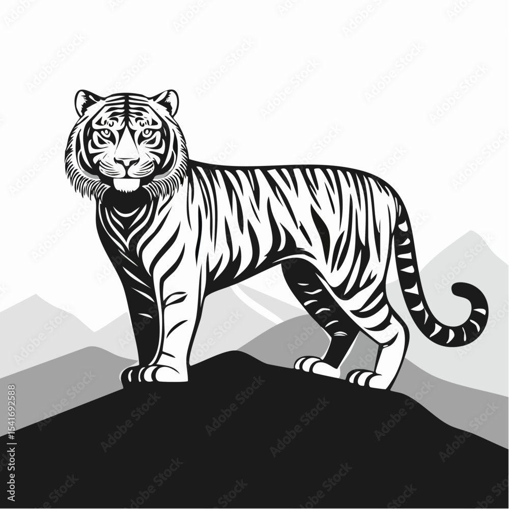 Naklejka premium Bengal Tiger Standing Proud Against a Backdrop of Mountains Image Vector.