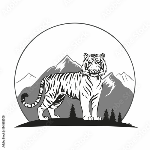 Bengal Tiger Standing Proud Against a Backdrop of Mountains Image Vector.
