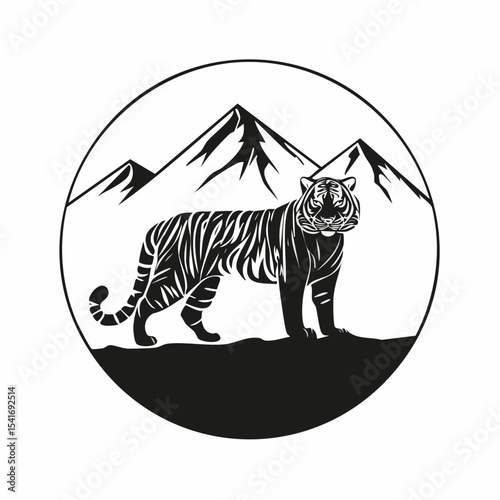 Bengal Tiger Standing Proud Against a Backdrop of Mountains Image Vector.