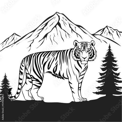 Bengal Tiger Standing Proud Against a Backdrop of Mountains Image Vector.