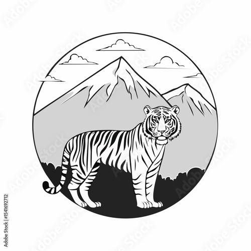 Bengal Tiger Standing Proud Against a Backdrop of Mountains Image Vector.